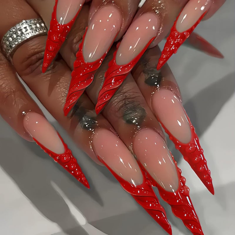 SEENEEY Long Press on Nails Stiletto Fake Nails Red French Artificial Nails with 3D Water Droplets Designs Extra Long Glossy Cute Stick on Nail for Women 24pcs - Image 1